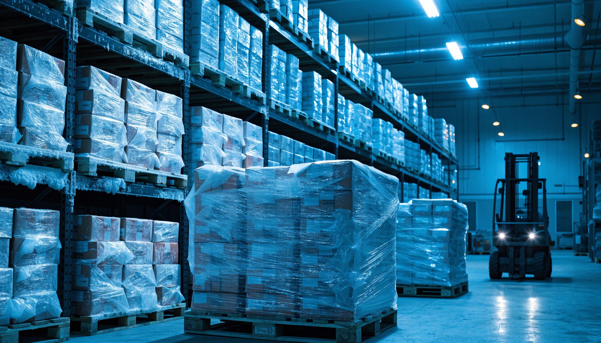 Cold storage warehouse with pallets of frozen goods